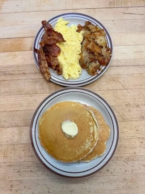 Two Eggs with Home Fries with Sausage Ham Bacon Pork Roll or Scrapple for Extra Charge